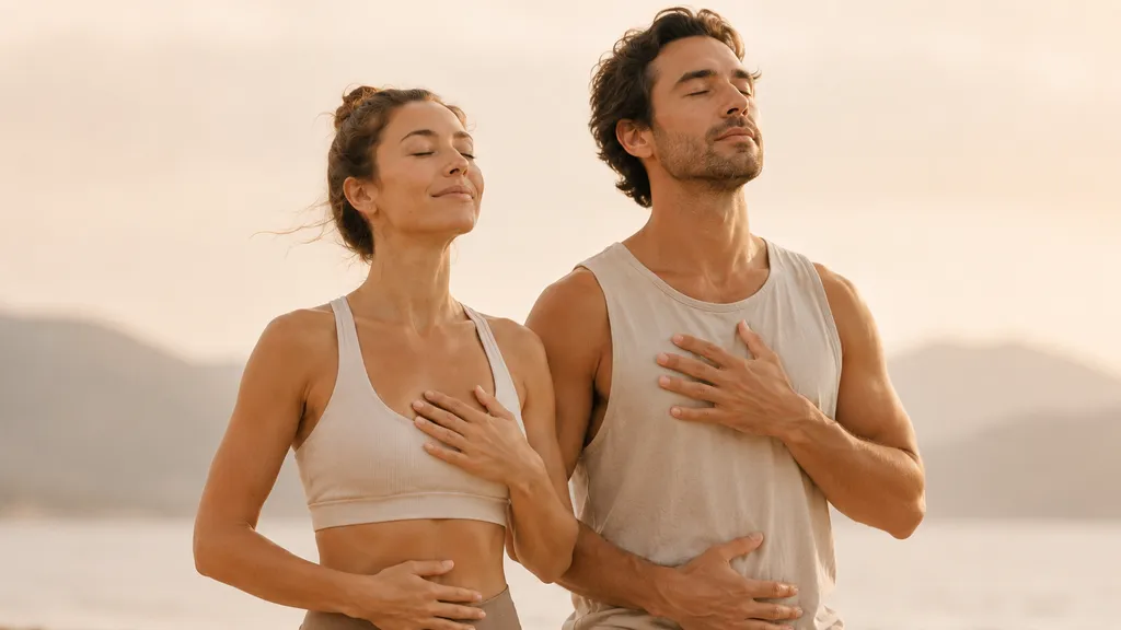 A man and woman with eyes closed and hands on their chests, practising mindful breathing