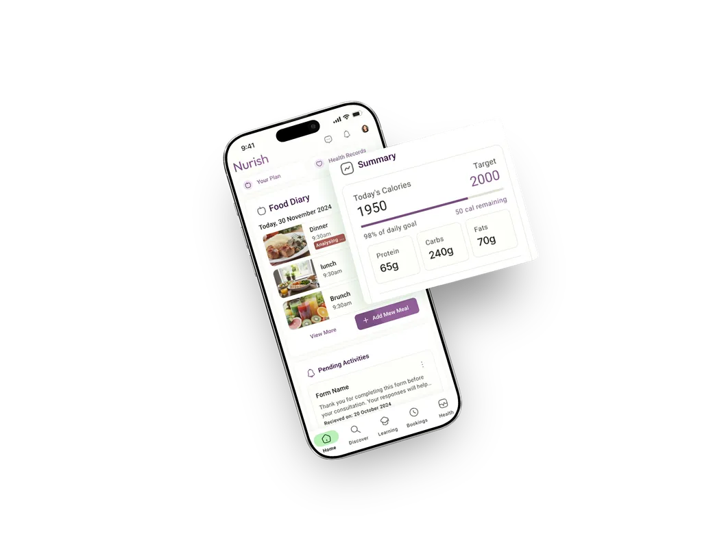 The Nurish.life app showing a food diary and meal summaries